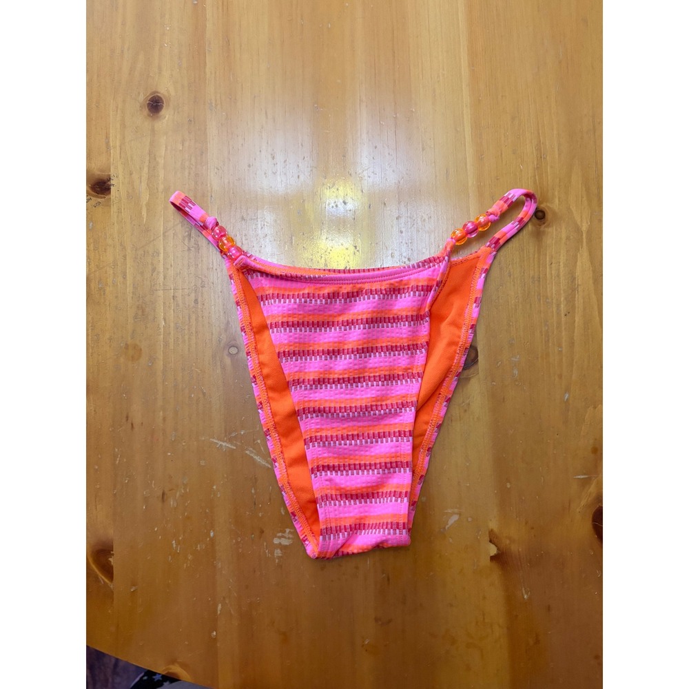 Wild Fable Pink Orange Striped Beaded High Leg Bikini Bottom XS‎ New